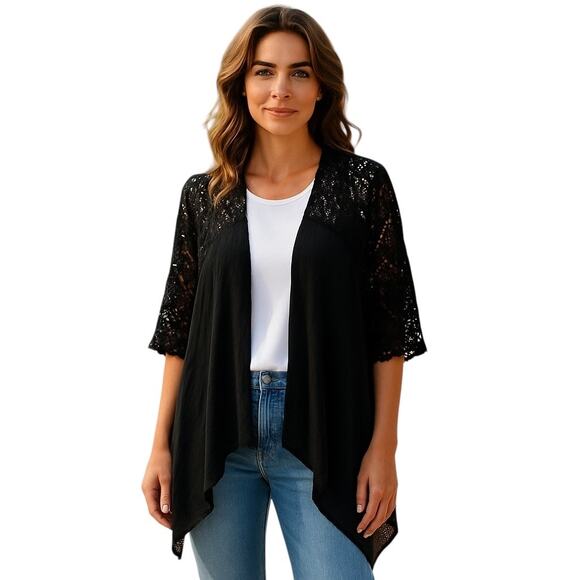 Steve Madden Women Black Crochet-Trim Open Front Lightweight Cardigan OSFM NWT - Picture 1 of 7